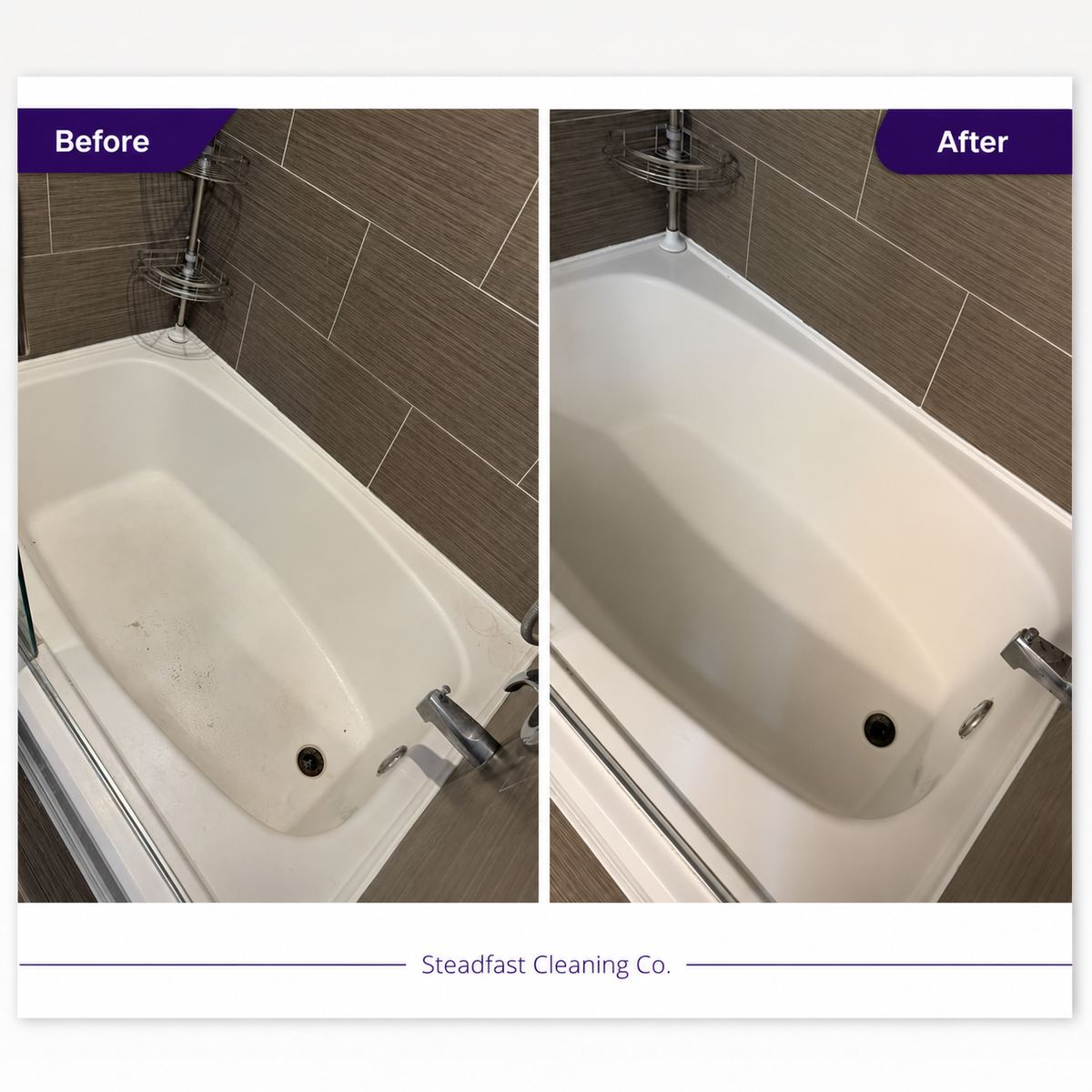 Before and after photos of a bathtub scrubbed and restored by Steadfast Cleaning Co. house cleaners in Tampa Bay