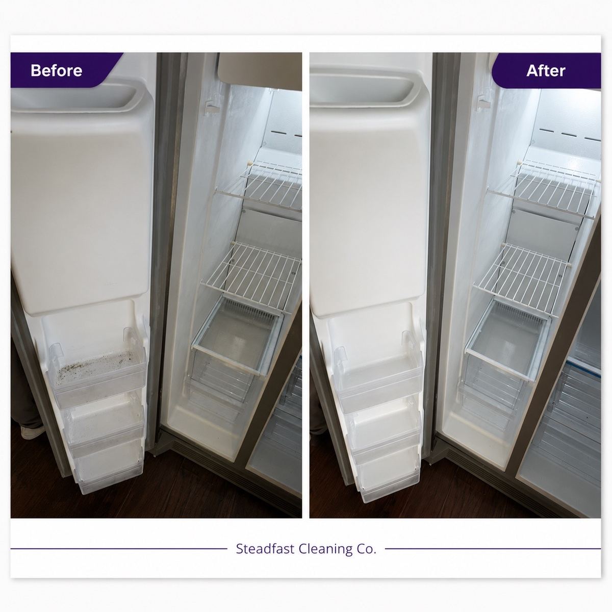 Before and after photos of a refrigerator interior cleaned during a Steadfast Cleaning Co. move-out clean in Tampa