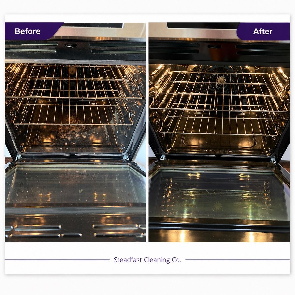 Before and after photos of an oven interior deep cleaned by Steadfast Cleaning Co. in a Tampa home