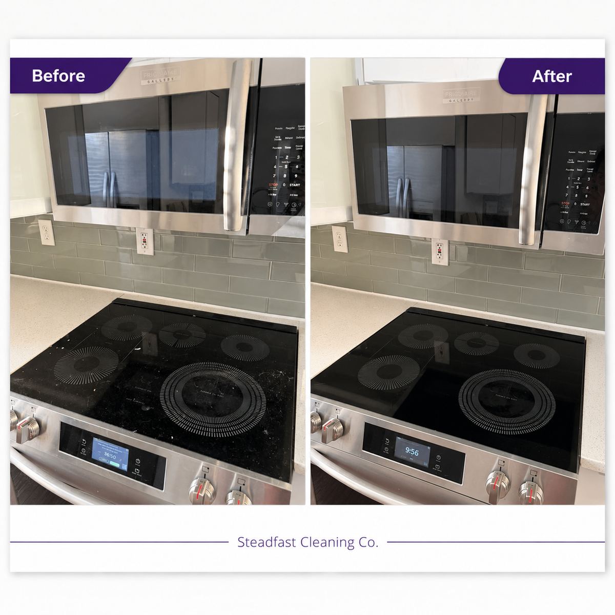 Before and after photos of a glass stovetop and microwave degreased and polished by Steadfast Cleaning Co. in a Tampa kitchen