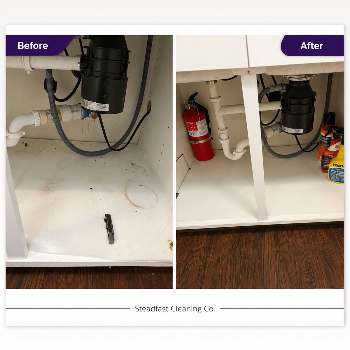 Before and after photos of an under-sink cabinet cleaned by Steadfast Cleaning Co. in Tampa Bay
