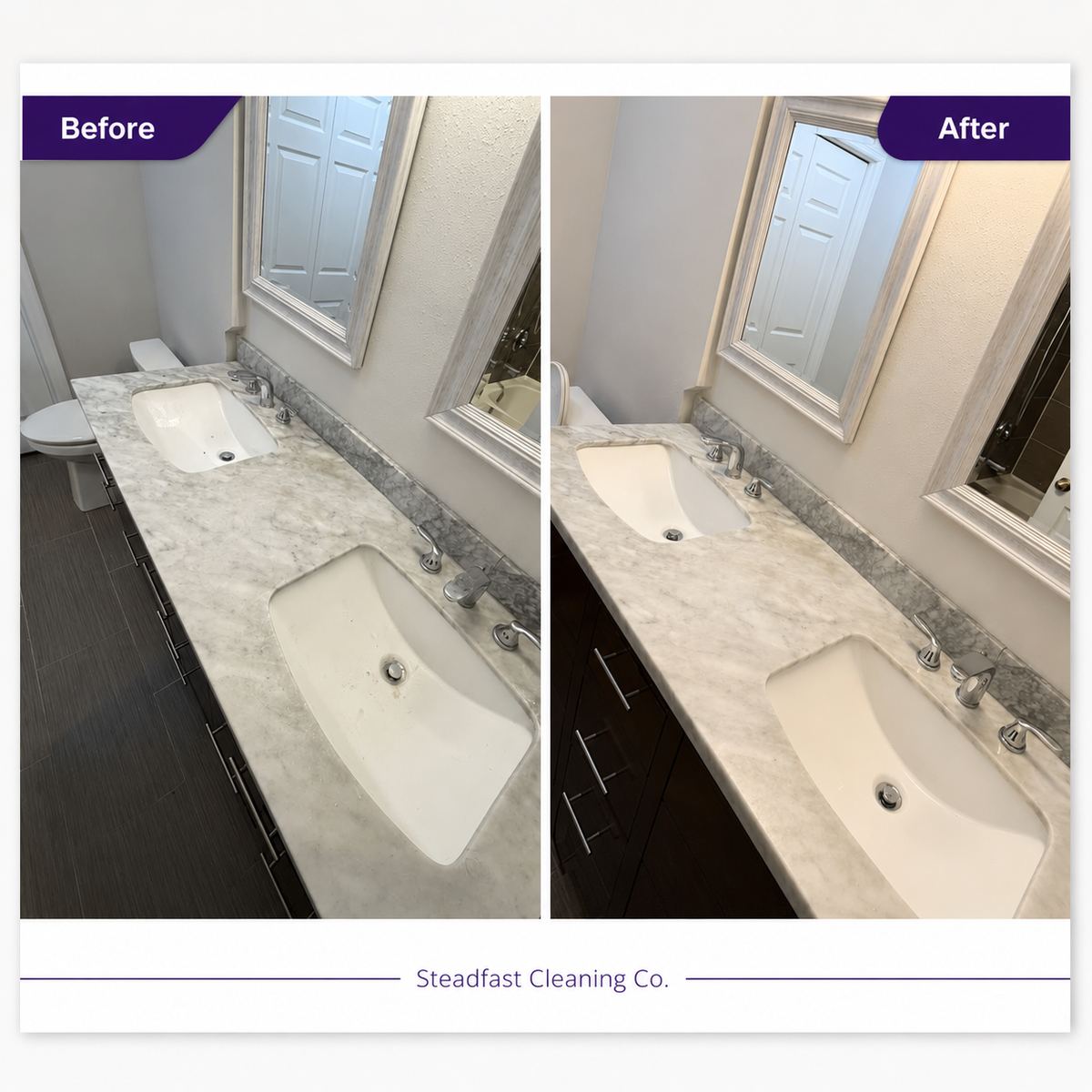 Before and after photos of a marble bathroom vanity polished by Steadfast Cleaning Co. in a Tampa Bay home