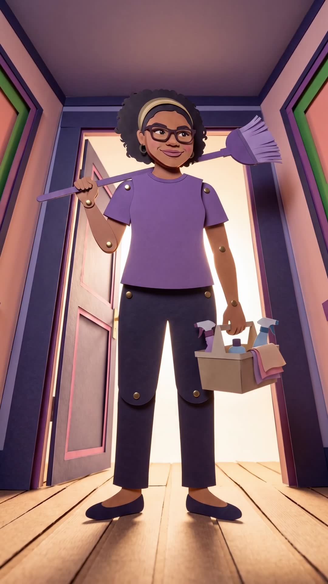 Inmarie arriving at a Tampa Bay home with a broom and a cleaning caddy